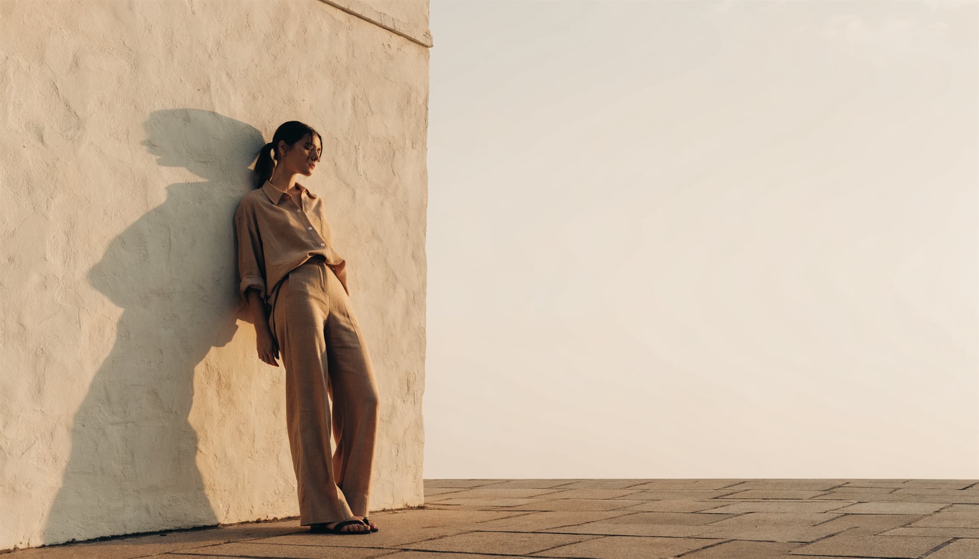 Model wearing the Altura cotton summer co-ord in warm sunlight